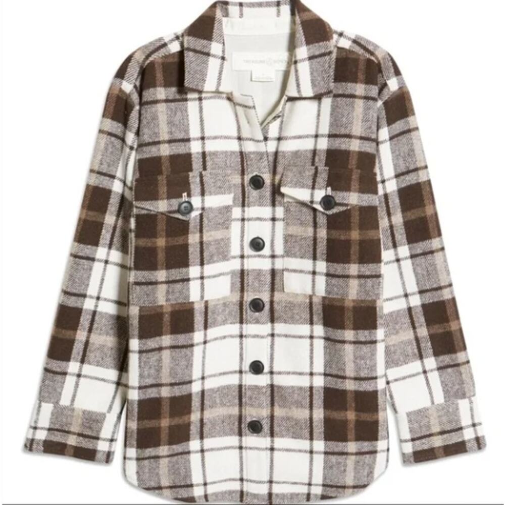 TREASURE & BOND Nordstrom Brown & White Wool Blend Plaid Shacket // XS - Picture 2 of 12